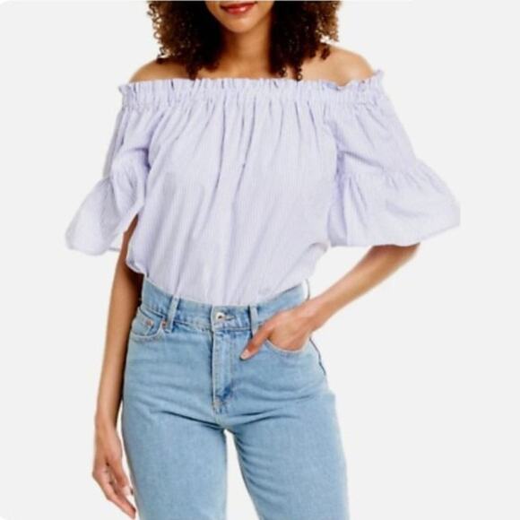 2/$30 Kate Spade Broome Street Stripe Off-the-Shoulder Blouse Small Blue #7001 - Picture 1 of 16